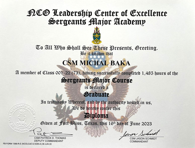 Foto: Diplom NCO Leadership Center of Excellence Sergeants Major Academy | nprap. Michal Baka